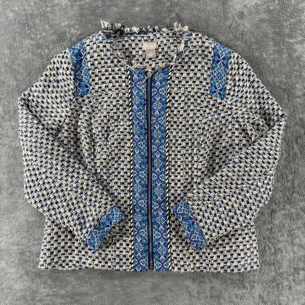 Chicos Full Zip Woven Tweed Jacket Fringe Collar Patterned Career‎ Wear 2P US LG
